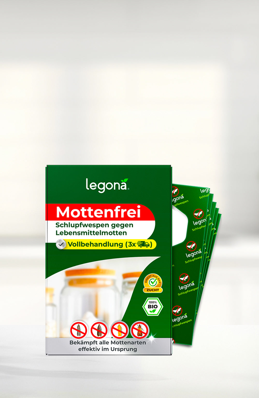 Verpackung von Legona Schlupfwespen mit mehreren grünen Trägerstreifen im Hintergrund
