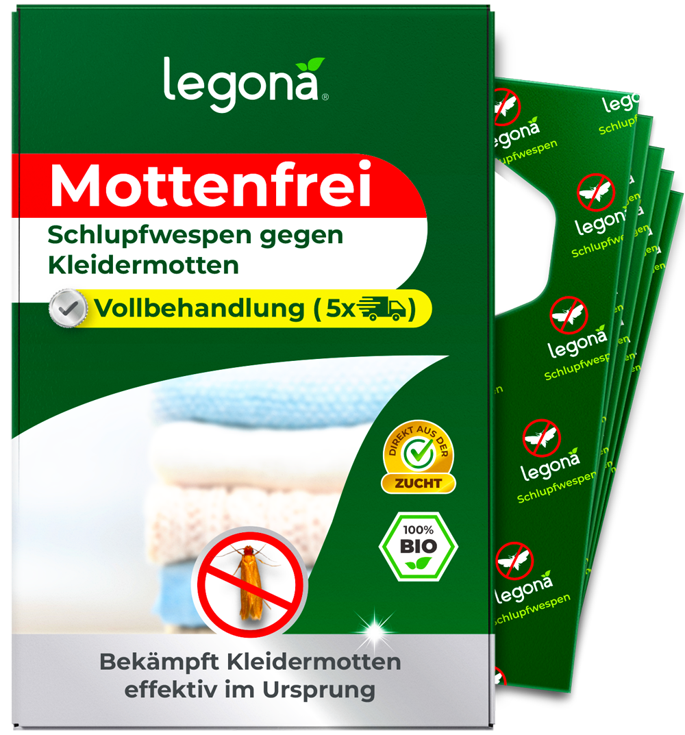 Verpackung von "Legona Mottenfrei" mit Schlupfwespen gegen Kleidermotten und Hinweis auf Vollbehandlung mit fünf Anwendungen