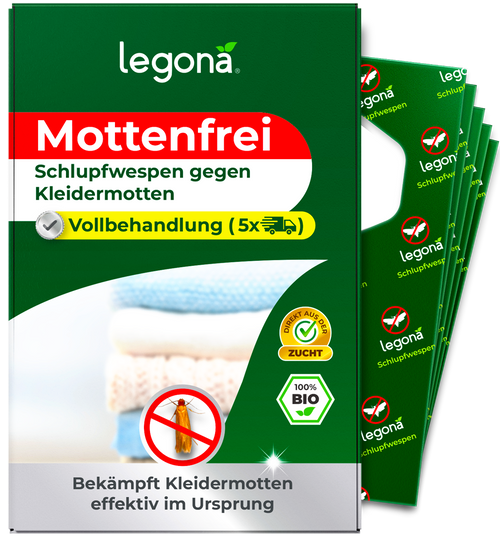 Verpackung von "Legona Mottenfrei" mit Schlupfwespen gegen Kleidermotten und Hinweis auf Vollbehandlung mit fünf Anwendungen