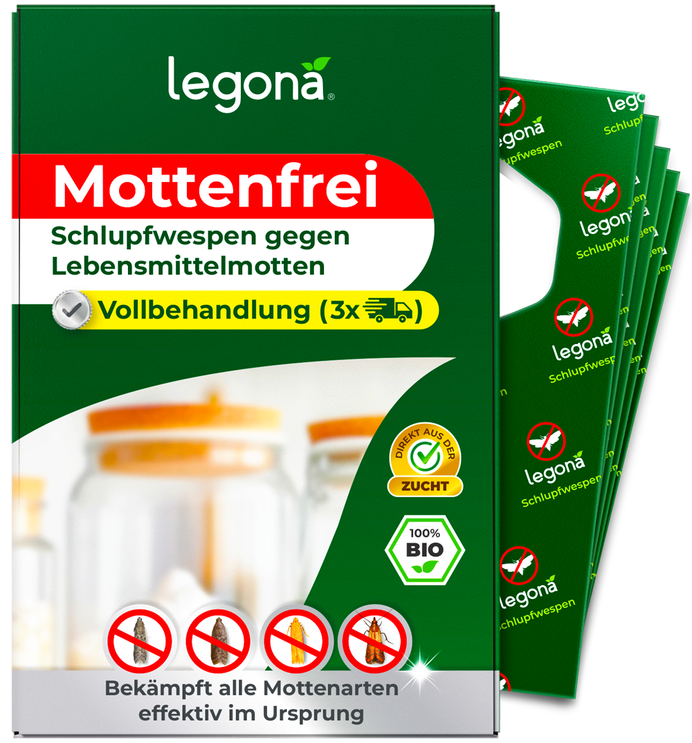 Verpackung von "Legona Mottenfrei" mit Schlupfwespen gegen Lebensmittelmotten und Hinweis auf Vollbehandlung mit drei Anwendungen