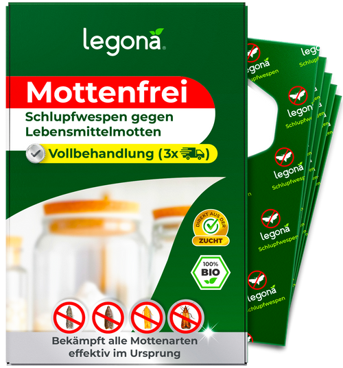 Verpackung von "Legona Mottenfrei" mit Schlupfwespen gegen Lebensmittelmotten und Hinweis auf Vollbehandlung mit drei Anwendungen