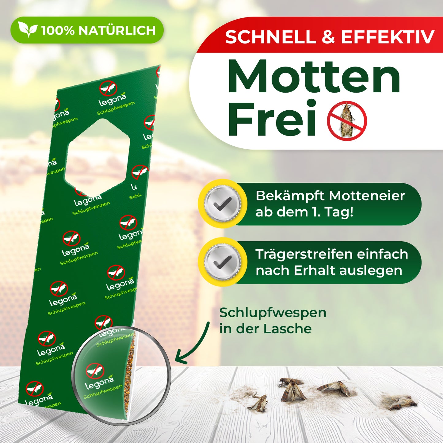 Grüner Trägerstreifen gegen Motten mit Texten zu natürlicher Wirkung, schneller Effektivität und Anwendungshinweisen sowie einer Nahaufnahme der Schlupfwespenlasche auf hellem Untergrund mit abgestorbenen Mottenresten