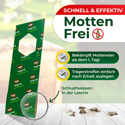 Verpackung mit grünem Trägerstreifen und Aufdruck 'legona Schlupfwespen' mit hervorgehobener Lasche und Text 'Schnell & effektiv Motten Frei' sowie Hinweisen zur Anwendung gegen Motteneier