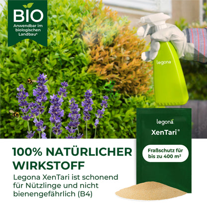 Sprühflasche mit Aufschrift 'legona' in einer Hand mit Handschuh vor grünen Pflanzen und Lavendelblüten, daneben Packung und Pulver von Legona XenTari mit Text zu natürlichem Wirkstoff und Fraßschutz bis 400 m²