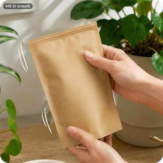 Hände halten eine braune, flache Verpackung vor einem Hintergrund mit grünen Pflanzen