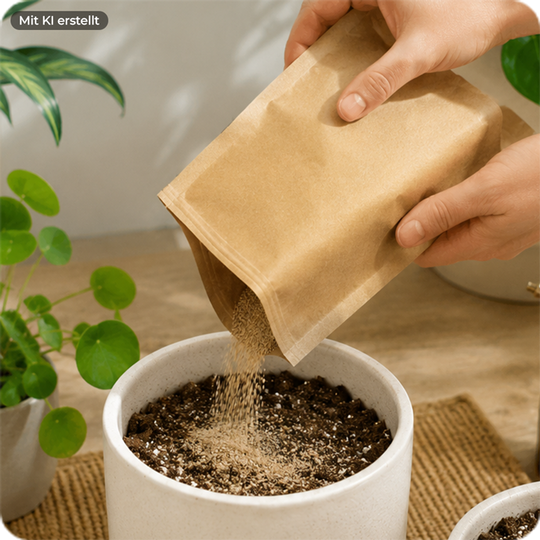 Hände schütten helles Granulat aus einem braunen Papierbeutel in einen weißen Blumentopf mit Erde