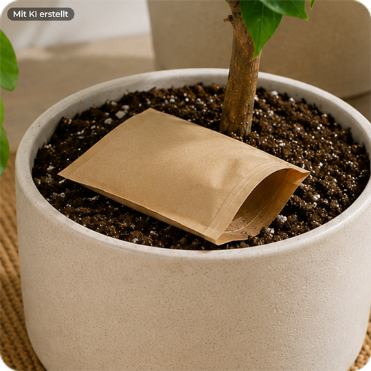 Pflanze in einem hellen Blumentopf mit einem braunen Papierbeutel auf der Erde