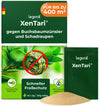 Verpackung von legona XenTari gegen Buchsbaumzünsler und Schadräupen mit grünem Hintergrund, Bild einer Raupe mit rotem Verbotssymbol, daneben ein grüner Beutel mit Pulverinhalt