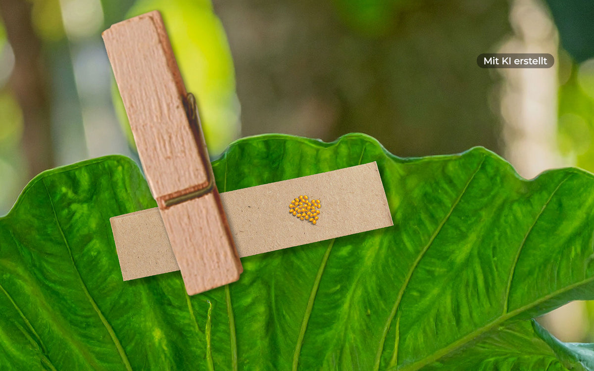 Nahaufnahme von gelben Marienkäfereiern auf einem grünen Blatt, daneben eine Holzklammer mit einem kleinen braunen Papierstreifen