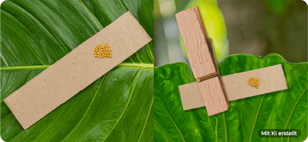 Zwei Nahaufnahmen von grünen Blättern mit braunen Papierstreifen, auf denen kleine gelbe Marienkäfereier gruppiert sind, rechts mit einer Holzklammer befestigt
