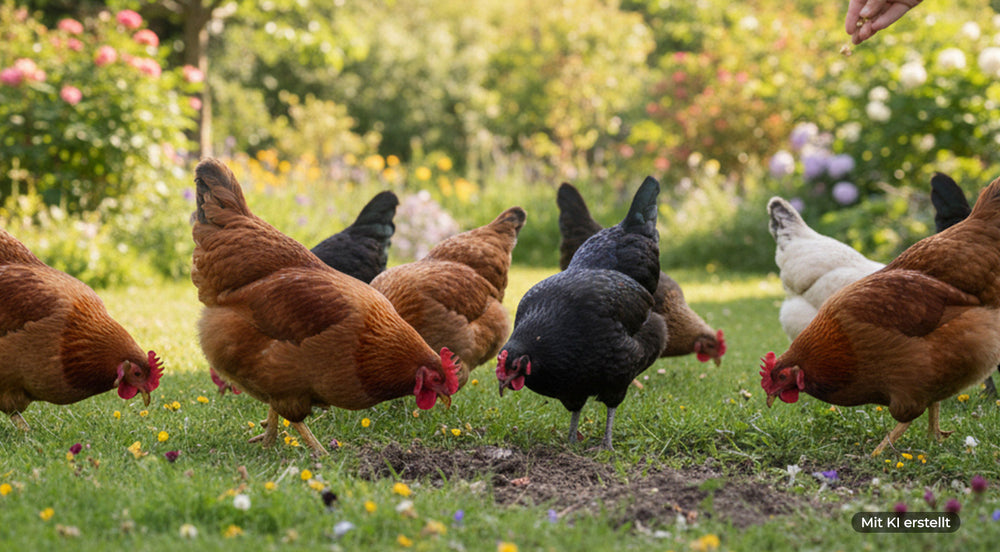 Hühner unterschiedlicher Farben picken auf einer Wiese mit Blumen