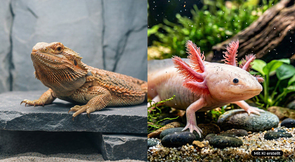 Bartagame sitzt auf einem Stein und Axolotl mit roten Kiemen steht auf Kieselsteinen vor grünem Hintergrund