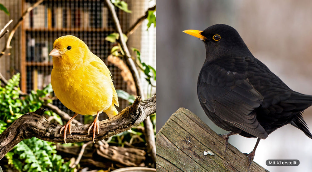 Ein gelber Kanarienvogel auf einem Ast und eine schwarze Amsel mit gelbem Schnabel auf einem Holzstück