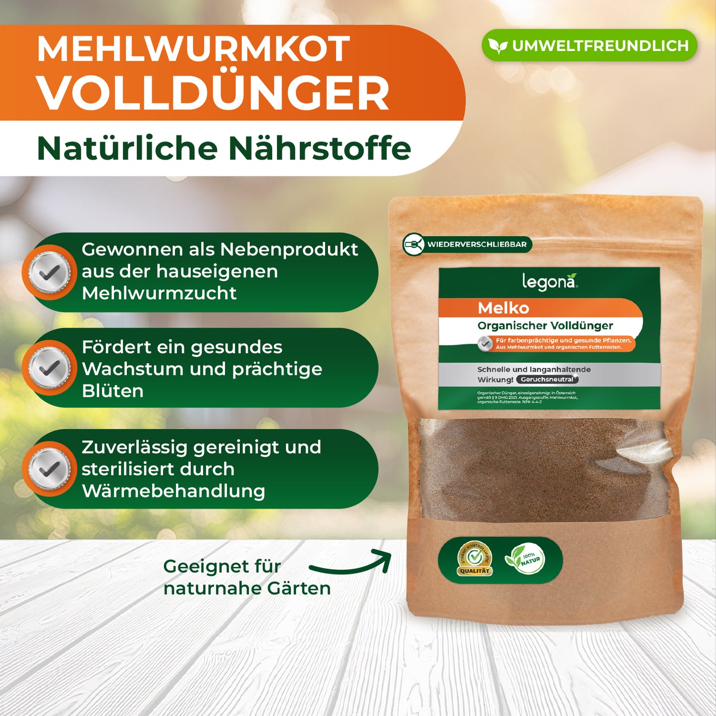 Packung mit Legona Melko organischem Volldünger aus Mehlwurmkot auf hellem Holztisch mit Texten zu natürlichen Nährstoffen und Umweltfreundlichkeit