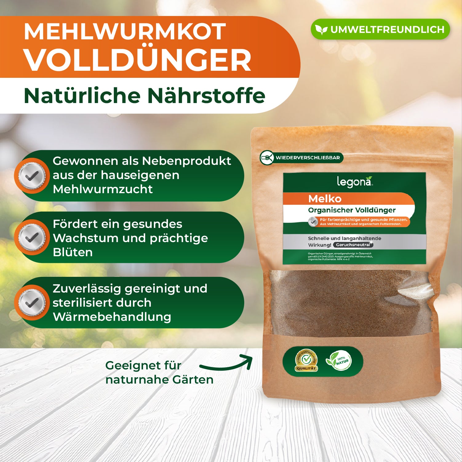 Packung mit Legona Melko organischem Volldünger aus Mehlwurmkot auf hellem Holztisch mit Texten zu natürlichen Nährstoffen und Umweltfreundlichkeit