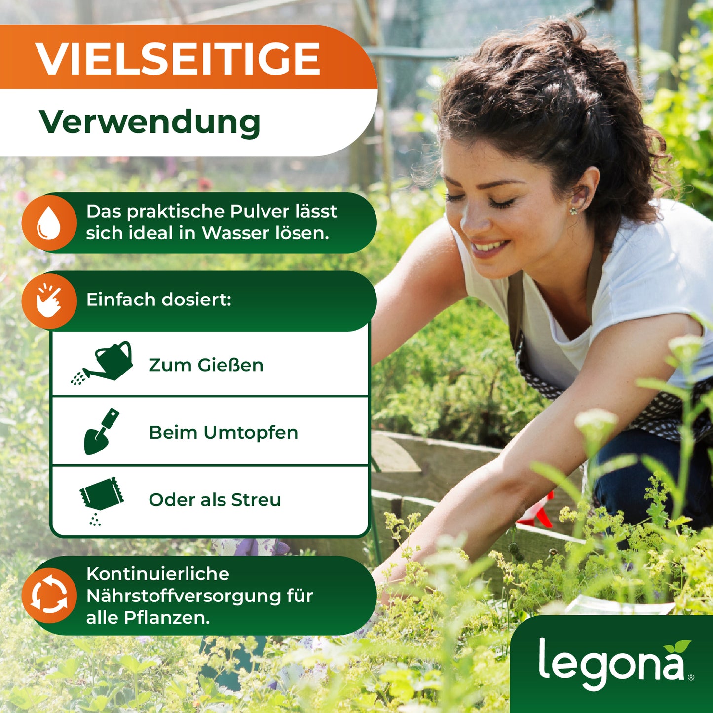 Frau kniet im Garten und arbeitet mit Pflanzen neben einer Infografik zu vielseitiger Verwendung von Dünger mit den Texten 'VIELSEITIGE Verwendung', 'Das praktische Pulver lässt sich ideal in Wasser lösen', 'Einfach dosiert: Zum Gießen, Beim Umtopfen, Oder als Streu', 'Kontinuierliche Nährstoffversorgung für alle Pflanzen' und dem Logo 'Legona'