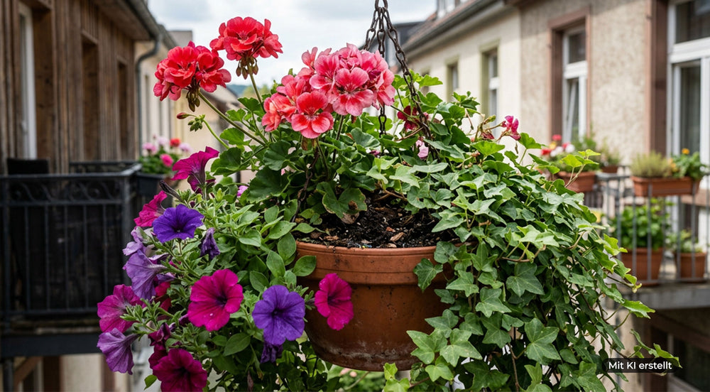 Blumentopf mit roten und violetten Balkonpflanzen und Efeu auf einem Balkon mit Häuserfassaden im Hintergrund