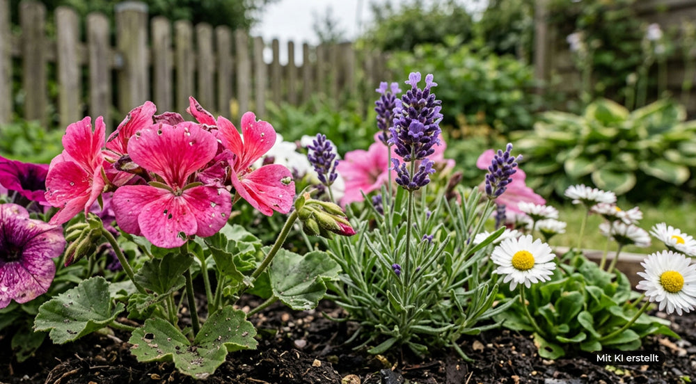 Nahaufnahme von blühenden Gartenpflanzen mit roten Geranien, lila Lavendel und weißen Gänseblümchen vor einem Holzzaun