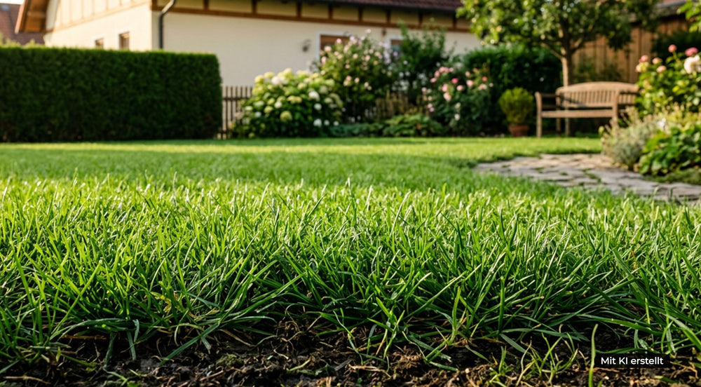 Nahaufnahme von grünem Rasen mit sichtbarem Boden und unscharfem Garten im Hintergrund