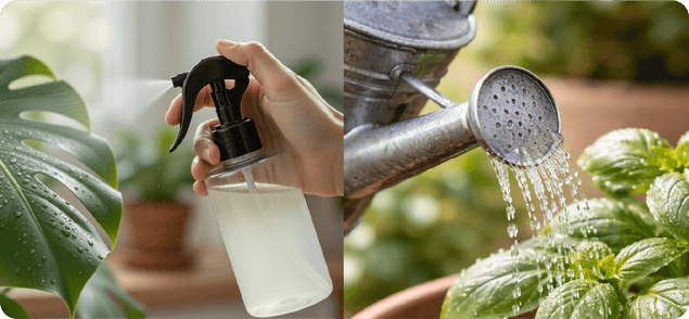 Hand hält Sprühflasche vor Pflanze mit großen Blättern und Gießkanne gießt Wasser auf Kräuterpflanze