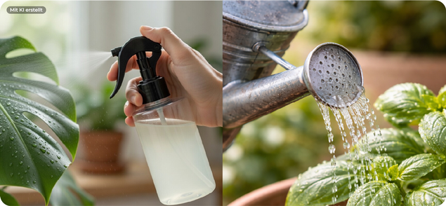 Hand hält eine Sprühflasche mit Flüssigkeit vor einer grünen Pflanze und eine Gießkanne gießt Wasser auf Basilikumblätter