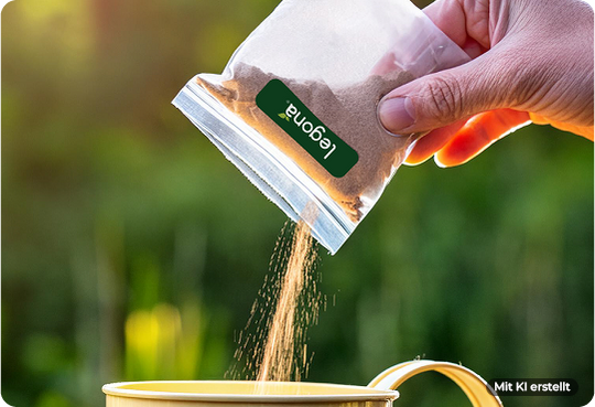 Hand schüttet braunes Pulver aus einem kleinen Beutel mit grünem Etikett 'Legona' in eine gelbe Tasse