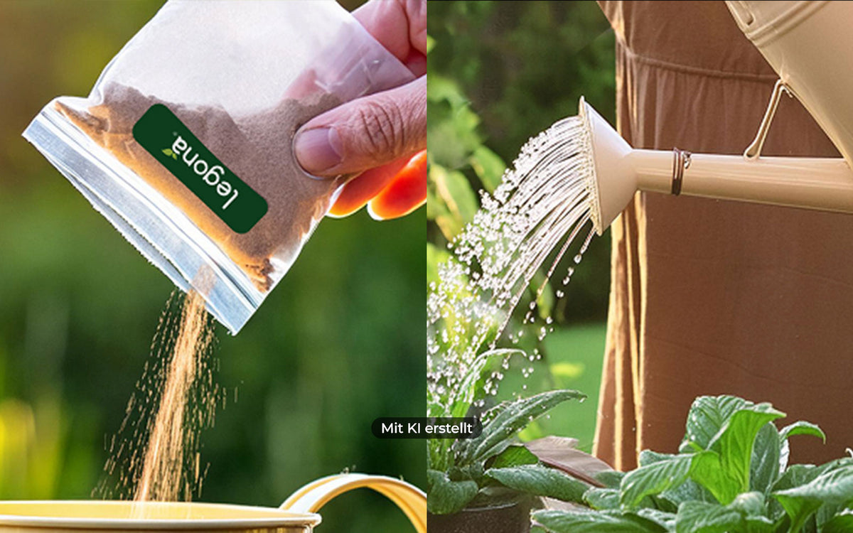 Hand schüttet braunes Pulver aus einem Beutel mit der Aufschrift 'Legona' auf den Boden neben grüne Pflanzen, daneben gießt eine andere Hand mit brauner Kleidung Wasser aus einer Gießkanne auf die Pflanzen